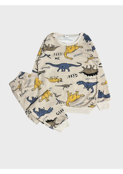 Erkek Çocuk Pamuklu Bej Rengi Dinozor Desenli Uzun Kollu Mevsimlik Pijama Takımı