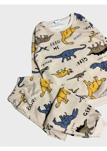 Erkek Çocuk Pamuklu Bej Rengi Dinozor Desenli Uzun Kollu Mevsimlik Pijama Takımı fiyatları