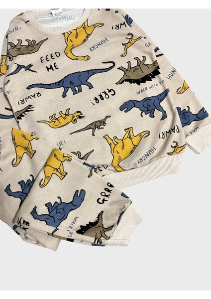 Erkek Çocuk Pamuklu Bej Rengi Dinozor Desenli Uzun Kollu Mevsimlik Pijama Takımı modelleri