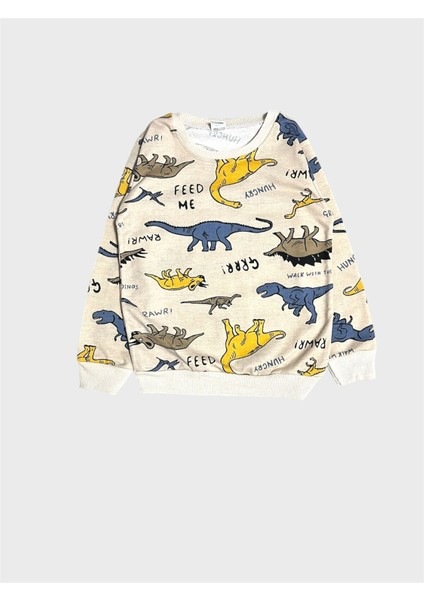 Erkek Çocuk Pamuklu Bej Rengi Dinozor Desenli Uzun Kollu Mevsimlik Pijama Takımı fırsatları