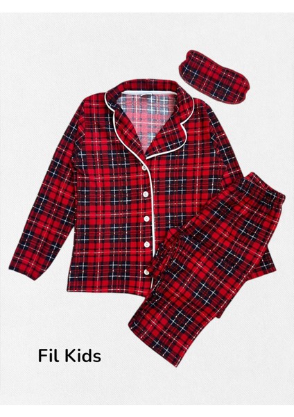 Erkek Çocuk Pamuklu Kumaş Süet Kırmızı Ekose Desenli Uyku Bantlı Biyeli Gömlek Yaka Pijama Takımı