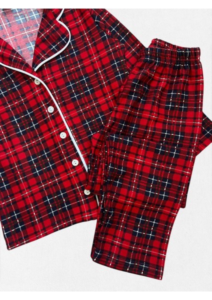Erkek Çocuk Pamuklu Kumaş Süet Kırmızı Ekose Desenli Uyku Bantlı Biyeli Gömlek Yaka Pijama Takımı modelleri