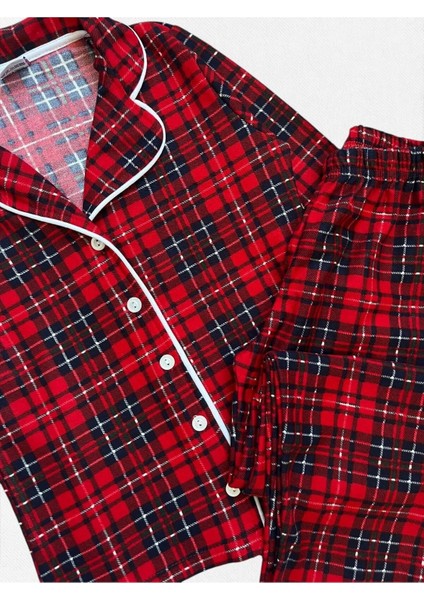 Erkek Çocuk Pamuklu Kumaş Süet Kırmızı Ekose Desenli Uyku Bantlı Biyeli Gömlek Yaka Pijama Takımı fırsatları