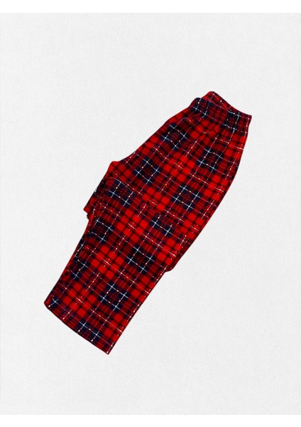 Erkek Çocuk Pamuklu Kumaş Süet Kırmızı Ekose Desenli Uyku Bantlı Biyeli Gömlek Yaka Pijama Takımı