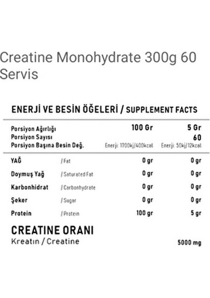 Kreatin Monohidrat Toz 300 gr 60 Servis Aromasız Yetişkin Kullanımı İçin fiyatları