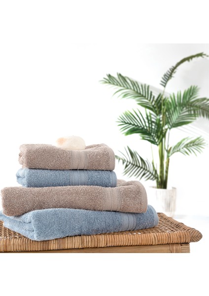 Angelina 4'lü Banyo Havlu Seti (50X90 CM/70X140 Cm) - Mavi / Vizon