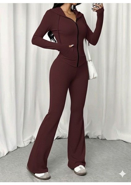 Kadın Uzun Kollu Kapşonlu Bağcıklı Önü Fermuarlı Viskon Iki Iplik Bluz ve Pantolon Ikili Takım