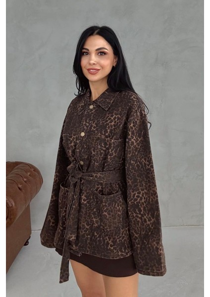Kadın Kahverengi Leopar Desenli Cep Detaylı Kemerli Ceket Pantolon Denim Takım fiyatları