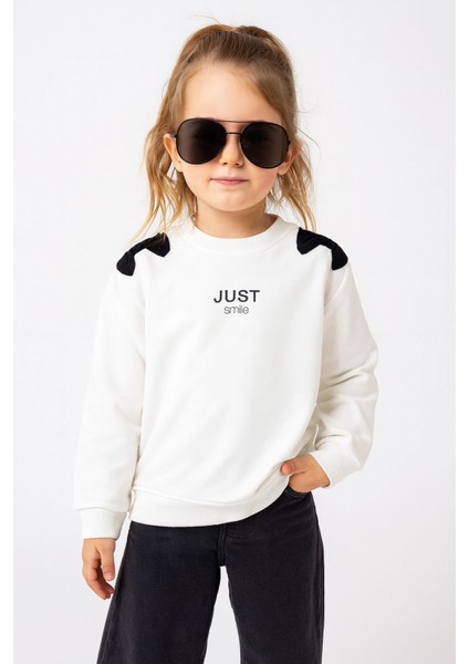 Kız Çocuk %100 Pamuk Ekru Sweatshirt Fiyonk Detaylı - Rahat Kız Çocuk Giyim