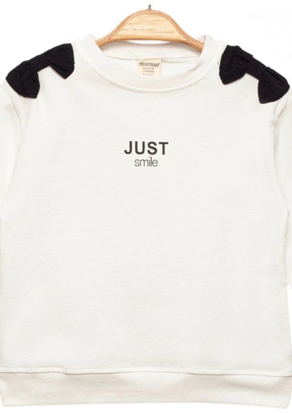 Kız Çocuk %100 Pamuk Ekru Sweatshirt Fiyonk Detaylı - Rahat Kız Çocuk Giyim modelleri