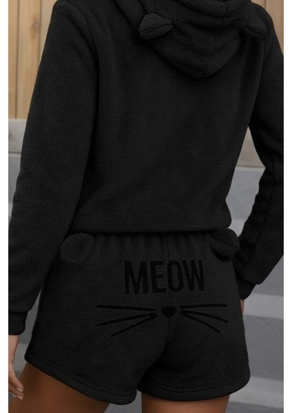 Kadın Uzun Kollu Kapşonlu Peluş Bluz ve Kısa Short Ikili Takım fiyatları