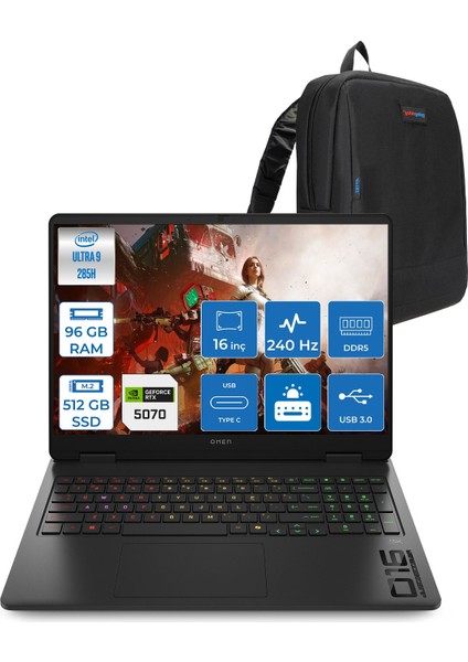 Omen Slim Intel® Core Ultra 9 285H Aı Ddr5 96GB 512GB SSD 8GB/RTX5070 16" Wqxga (2560 x 1600) 240 Hz, 3 Ms 500 Nits IPS Freedos Gaming Laptop CD7J9EAF41+ZETTAÇANTA