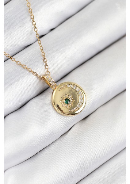 316L Çelik Zirkon Taşlı Ay ve Güneş Model Gold Renk Kadın Kolye