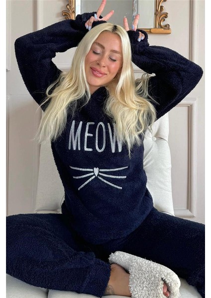 Lacivert Meow Desenli Tam Peluş Pijama Takımı