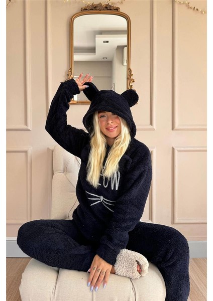 Lacivert Meow Desenli Tam Peluş Pijama Takımı fiyatları