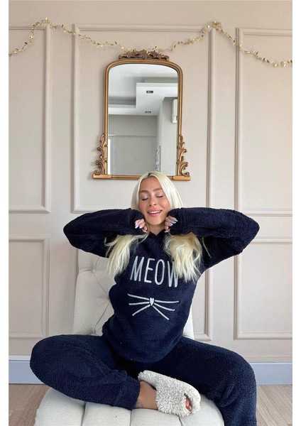 Lacivert Meow Desenli Tam Peluş Pijama Takımı modelleri