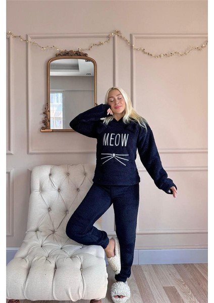 Lacivert Meow Desenli Tam Peluş Pijama Takımı indirimleri