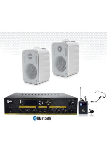 2’lı Duvar Hoparlörlü Yaka Mikrofonlu Bluetooth Anfi Ses Sistemi Seti