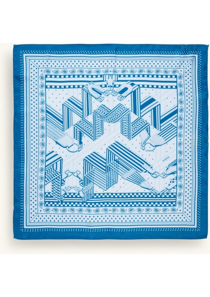 Geometrik Desenli Mavi Fular