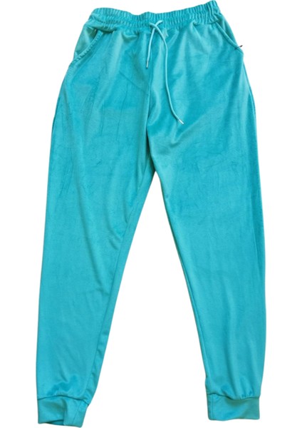 Parlak Kadife Cepli Pantolon Eşofman Pijama Altı Unisex Lastikli Paça Yeşil