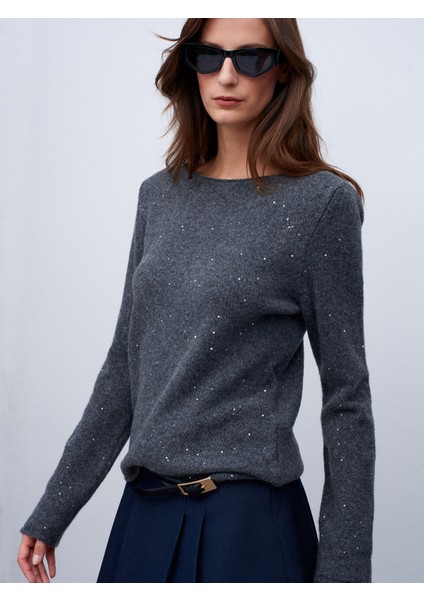 10836 Yün Karışımlı Parıltılı Kayık Yaka Kazak-Füme