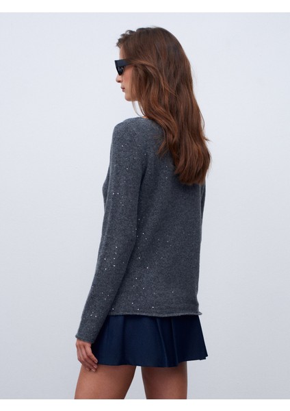 10836 Yün Karışımlı Parıltılı Kayık Yaka Kazak-Füme fiyatları