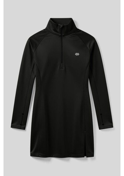 Siyah Yarım Fermuarlı Dik Yaka Standart Kalıp Kadın Sporcu Tunik - 97309