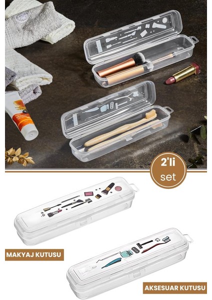 2’li Diş Bakım ve Makyaj Kutusu Seti, Fırça Macun Traş Makyaj Takı Kozmetik Aksesuar Saklama Kabı