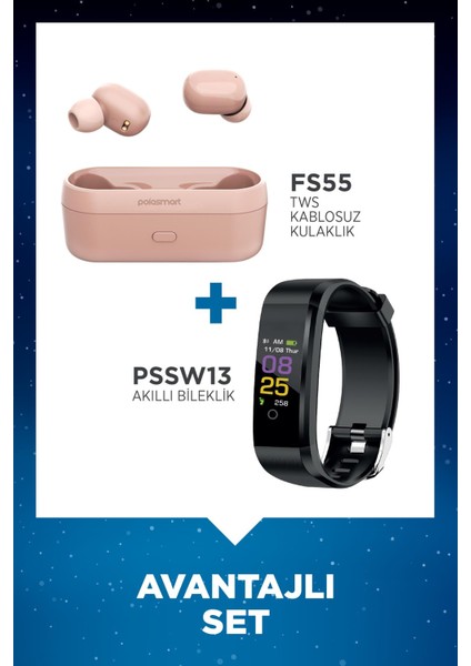 FS55 Kablosuz Kulaklık Pembe + Polosmart PSSW13 Akıllı Bileklik Siyah Set