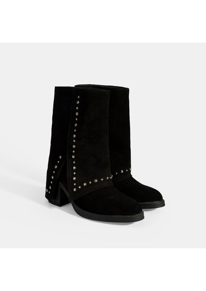 Kadın Siyah Zımba Detaylı Kalın Topuklu Süet Bot