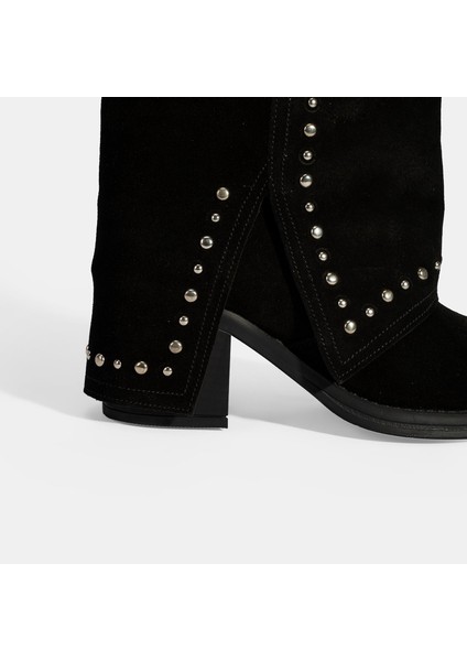 Kadın Siyah Zımba Detaylı Kalın Topuklu Süet Bot