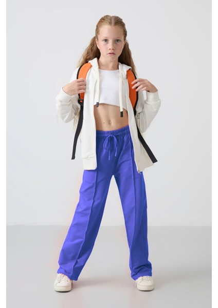 Eflatun Cepli Ön Dikiş Detaylı Geniş Paça Kız Çocuk Eşofman Altı -75144