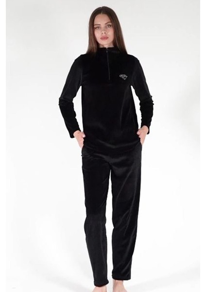 Kadın Siyah Renk Yarım Fermuarlı Kadife Kumaş Uzun Kollu Düz Paça Pijama Takımı C7T0N0603 fiyatları
