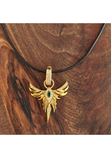 Anka Kuşu Yeşil Taşlı Gold Çelik Kadın Kolye modelleri