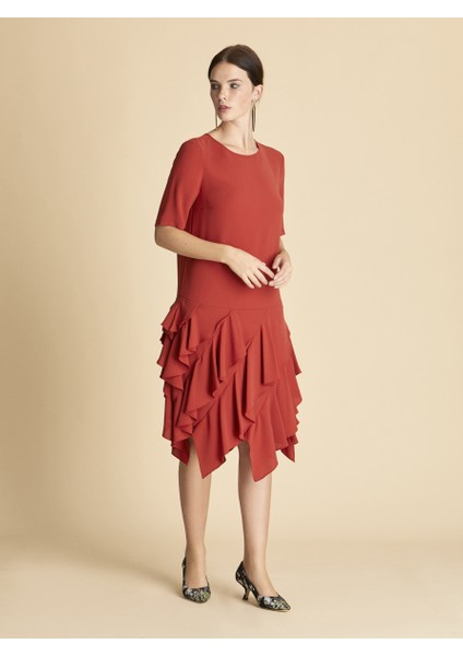 Eteği Fırfırlı Günlük Elbise Kiremit K1911028_016