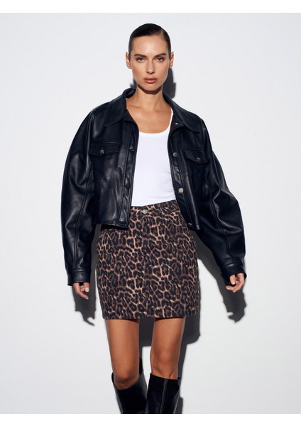 80591 %100 Pamuk Leopar Desenli Kot Etek-Kahve