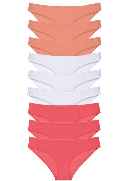 9 Adet Süper Eko Set Likralı Kadın Slip Külot Pudra Beyaz Fuşya