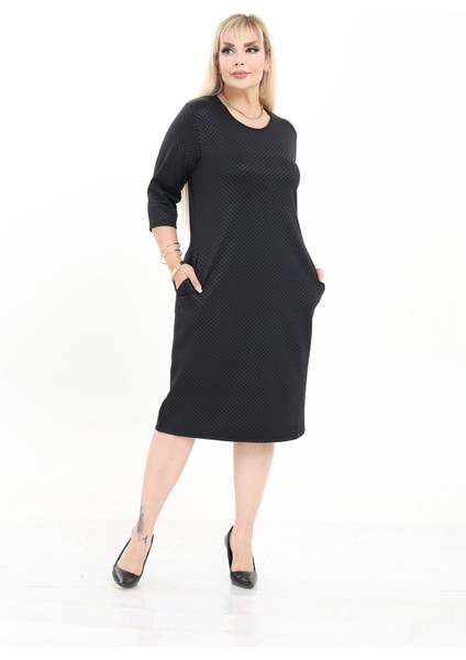 Çift Cepli Desenli Esnek Kışlık Büyük Beden Midi Elbise 25B-2722