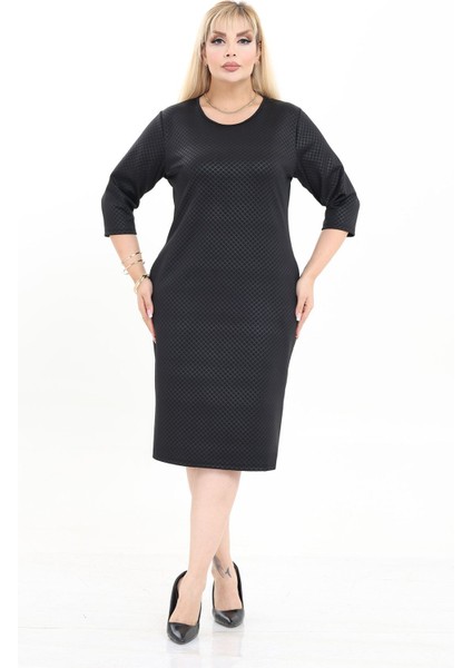 Çift Cepli Desenli Esnek Kışlık Büyük Beden Midi Elbise 25B-2722 fiyatları