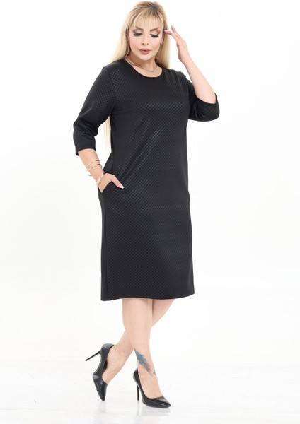 Çift Cepli Desenli Esnek Kışlık Büyük Beden Midi Elbise 25B-2722 modelleri