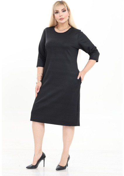 Çift Cepli Desenli Esnek Kışlık Büyük Beden Midi Elbise 25B-2722 indirimleri