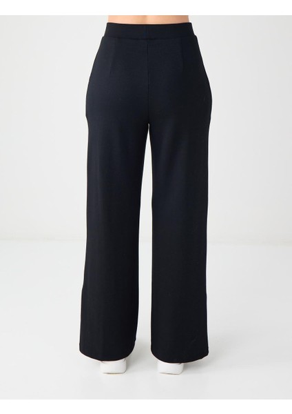 Siyah Yüksek Bel Bol Paça Cep Detaylı Örme Pantolon indirimleri