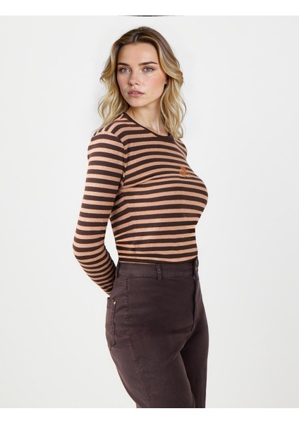 Kahverengi Bisiklet Yaka Çizgi Desenli Nakış Detaylı Örme Bluz fırsatları