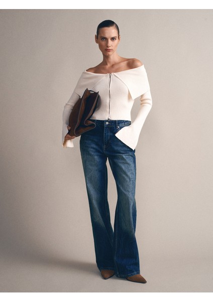 60252 Fermuarlı Fitilli Triko Top-Natural