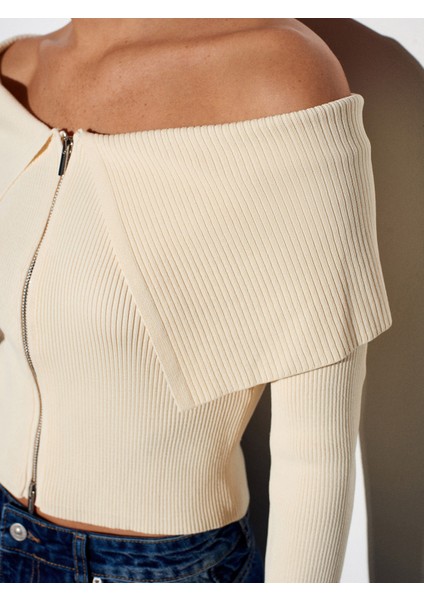 60252 Fermuarlı Fitilli Triko Top-Natural fırsatları