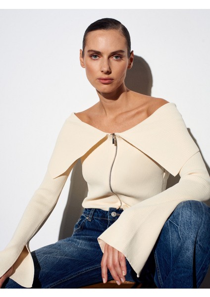 60252 Fermuarlı Fitilli Triko Top-Natural indirimleri