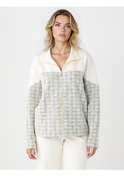Ekru Düz Kesim Fermuar Detaylı Örme Modal Ceket