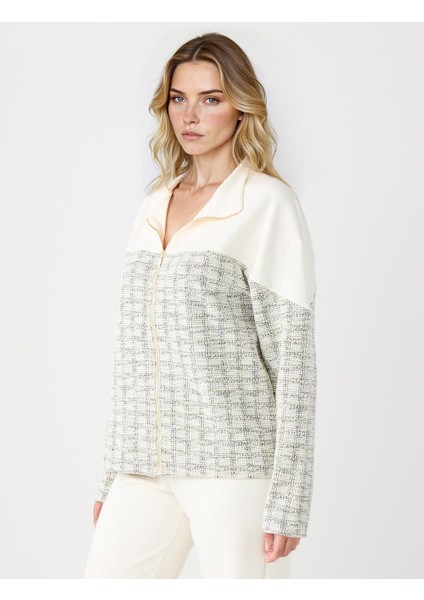 Ekru Düz Kesim Fermuar Detaylı Örme Modal Ceket modelleri