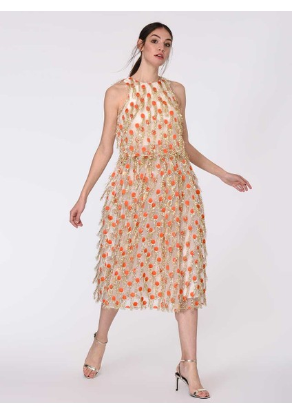 Puantiye Desenli Uzun Elbise Turuncu Y1911307_064