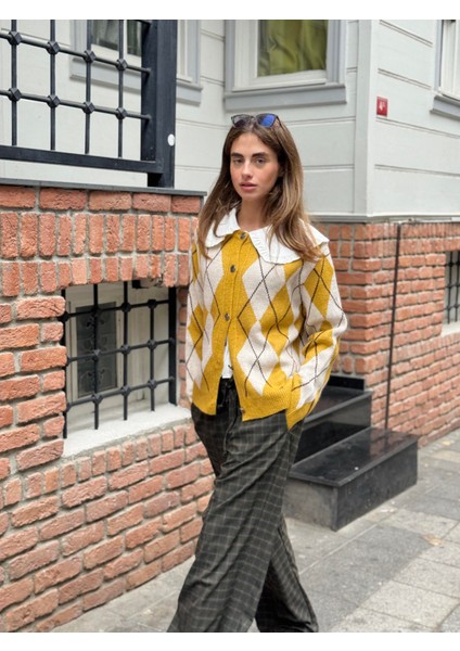 Baklava Desenli Hırka Kadın Hardal modelleri